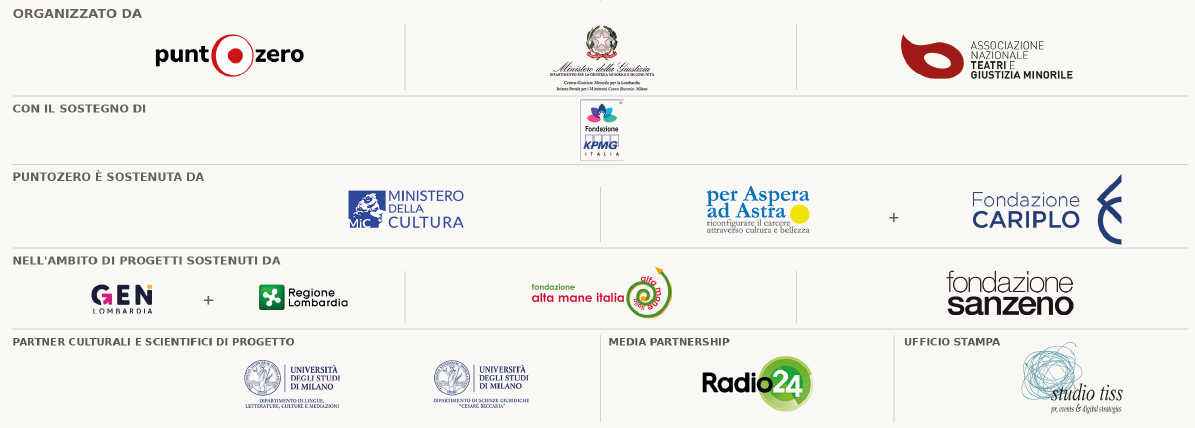 Organizzato da Puntozero, Ministero della Giustizia e Associazione Nazionale Teatri e Giustizia Minorile. Sostegni e partner del festival come riportati nel flyer.